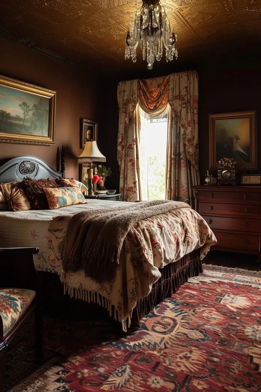 Brown Bedroom with Vintage Decor and Antique Furnishings