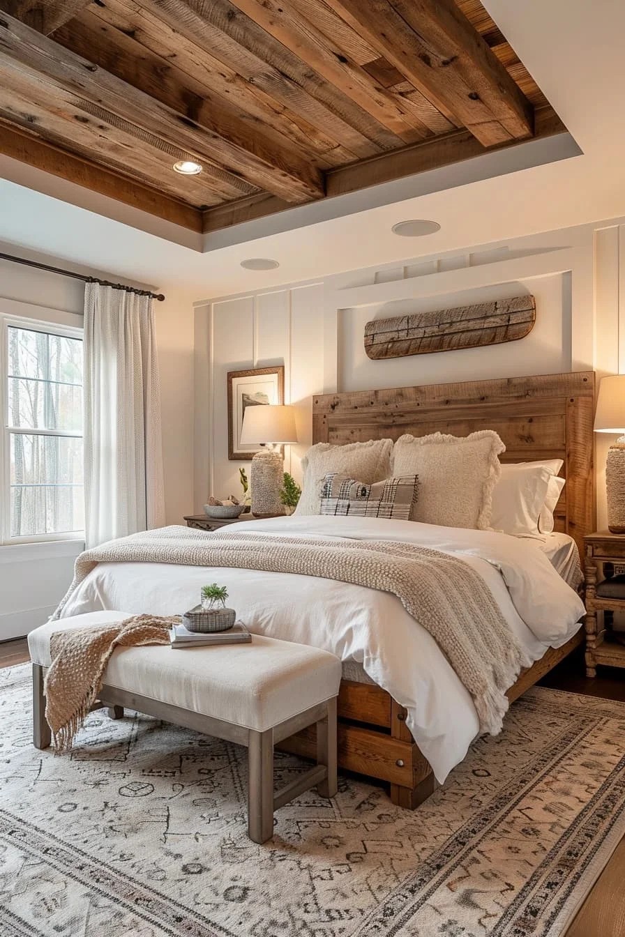 Farmhouse Master Bedroom with Rustic Wood Tray Ceiling