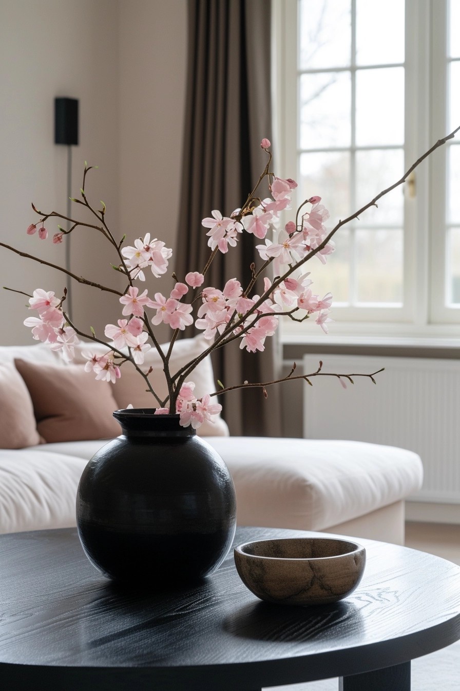 Sleek Black Coffee Table With Pink Decor