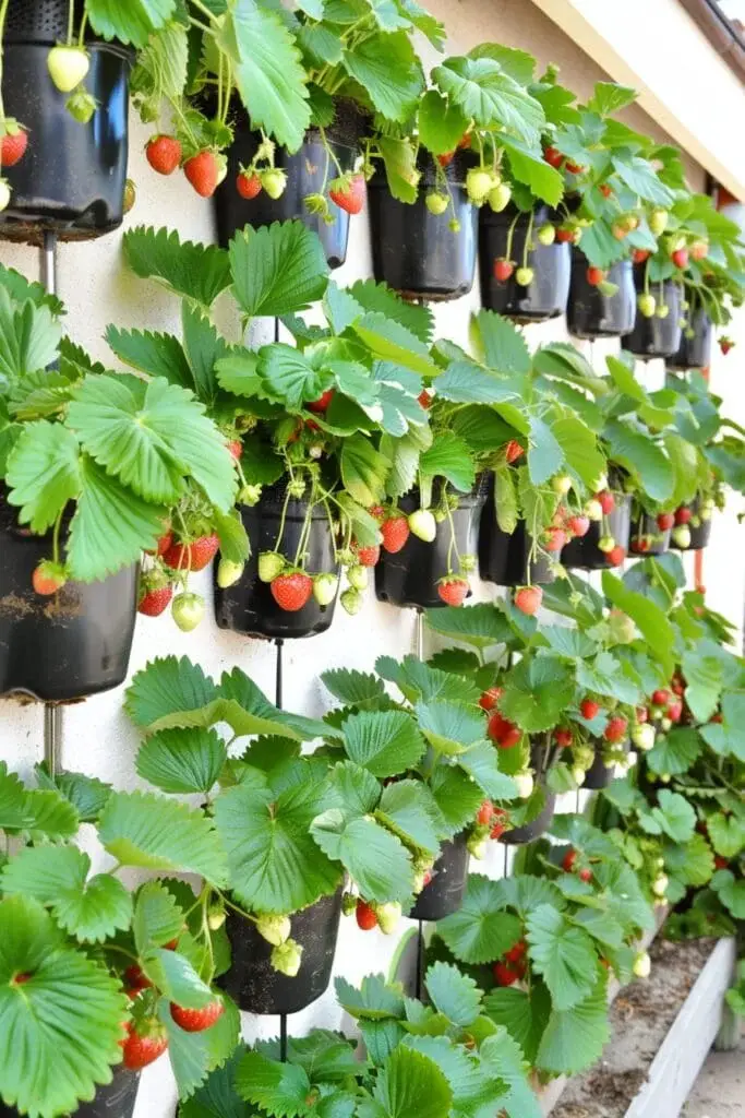 Grow strawberries in a vertical planter with pockets for the plants.