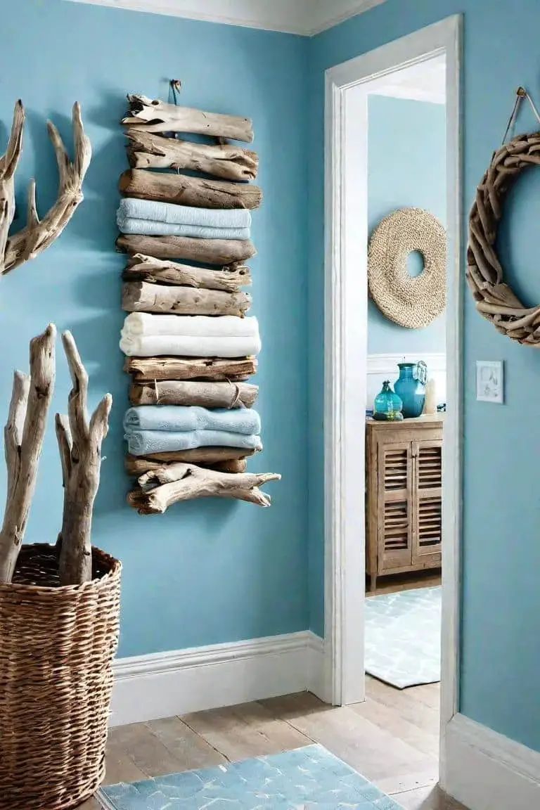 Coastal Small Hallway With Light Blue Walls And Driftwood Artwork