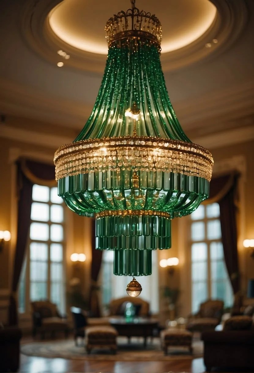 Green Glass Chandeliers and Gold Chains