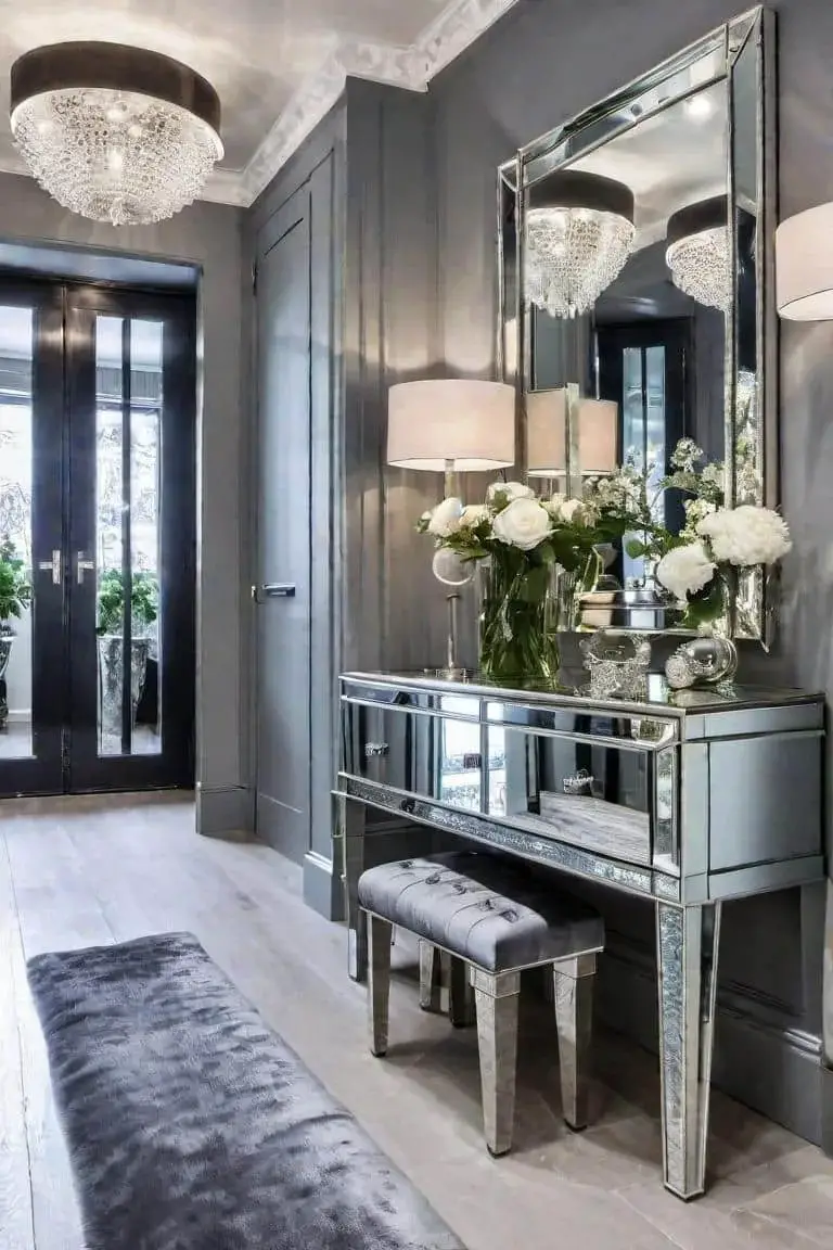 Glamorous Small Hallway With Mirrored Furniture And Luxe Fabrics