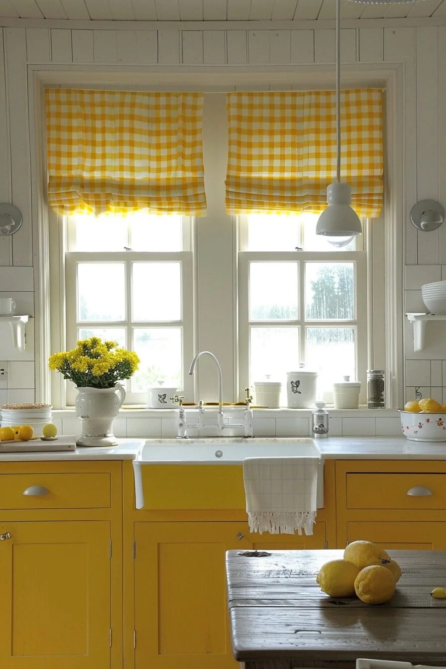 Playful Yellow and White Gingham Kitchen Curtains