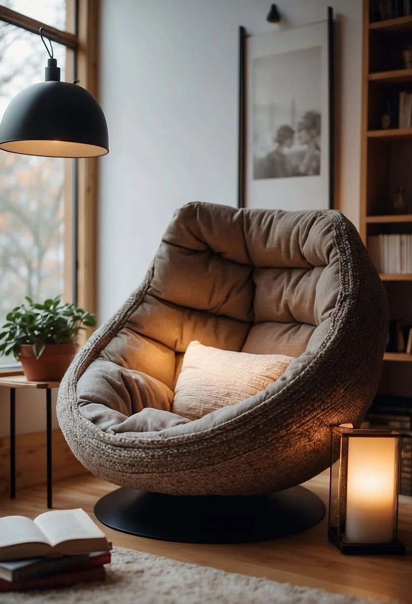 Cozy Reading Nook with A Bean Bag, Lamp, and Bookshelf