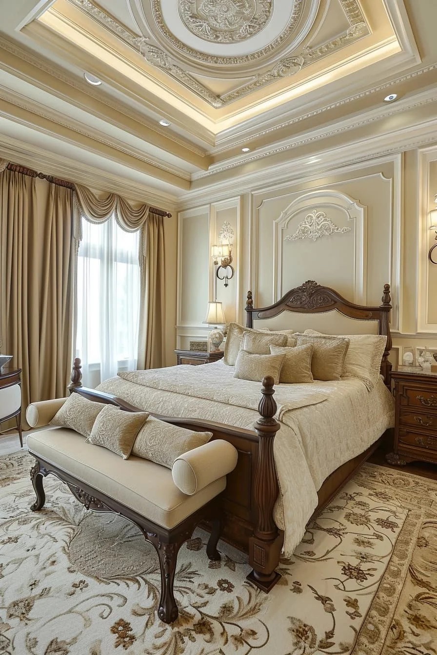 Traditional Master Bedroom with Ornate Tray Ceiling Molding