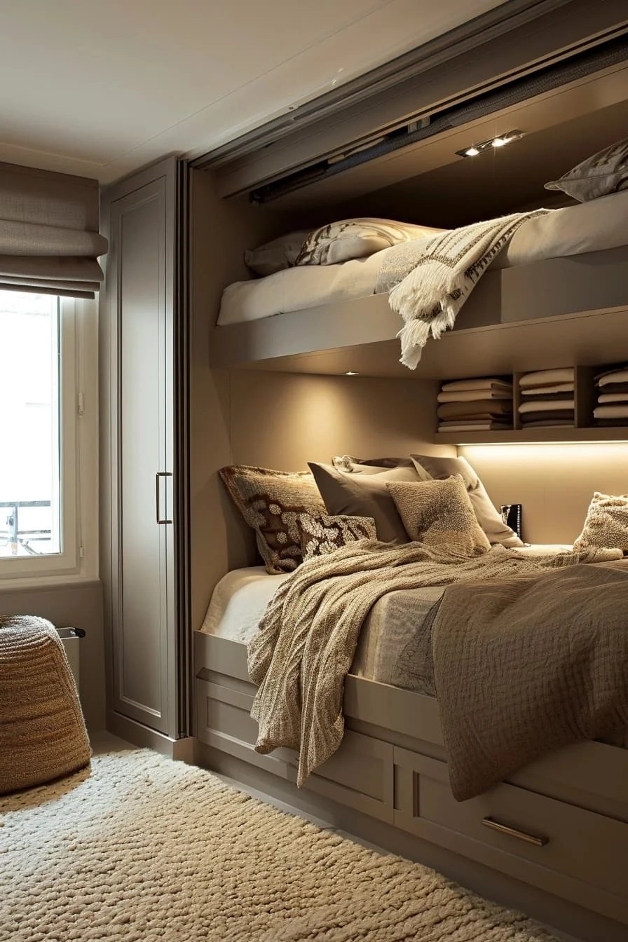 Brown Bedroom with Smart Storage Solutions and Organizers