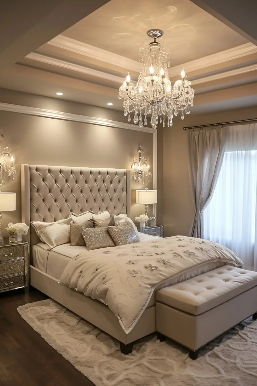 Glamorous Master Bedroom with Crystal Chandelier and Tray Ceiling