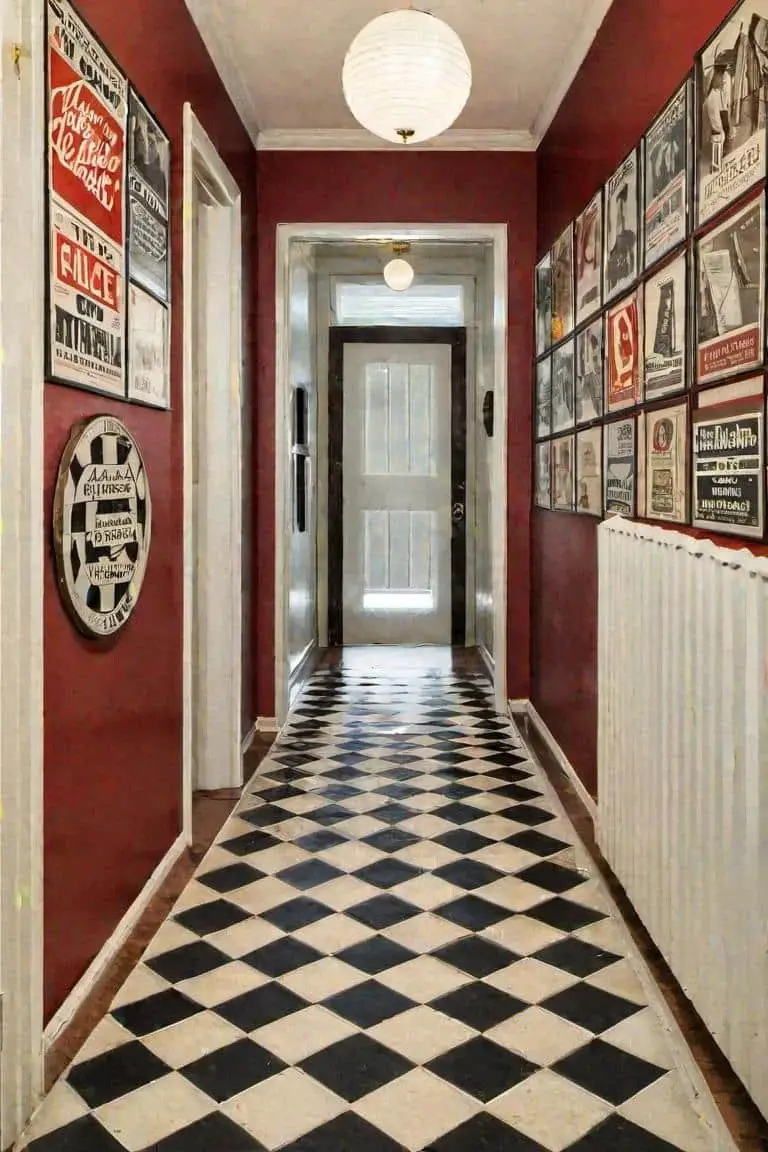 Retro Small Hallway With Vintage Posters And Checkerboard Tile