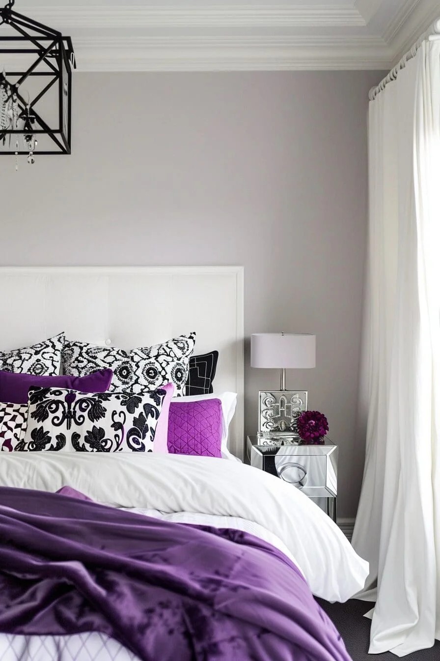 Black and White Bedding with Purple Accents