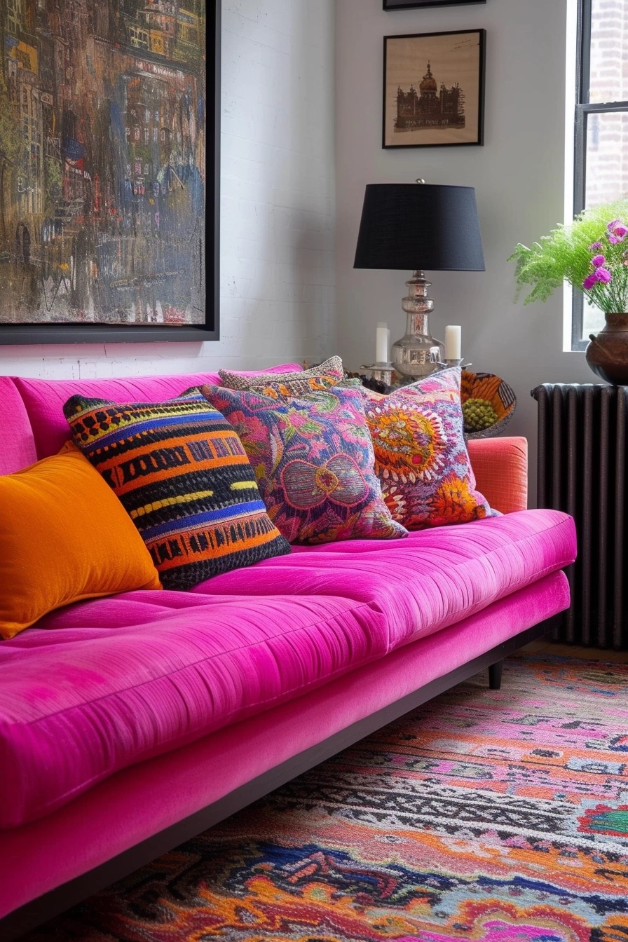 Vibrant Pink Couch With Black Accents