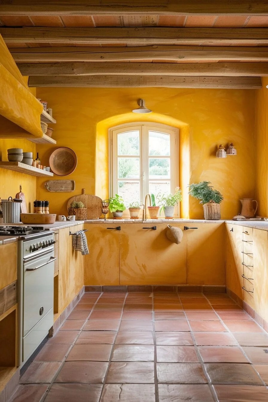 Bright Yellow Kitchen with Terracotta Floor Tiles