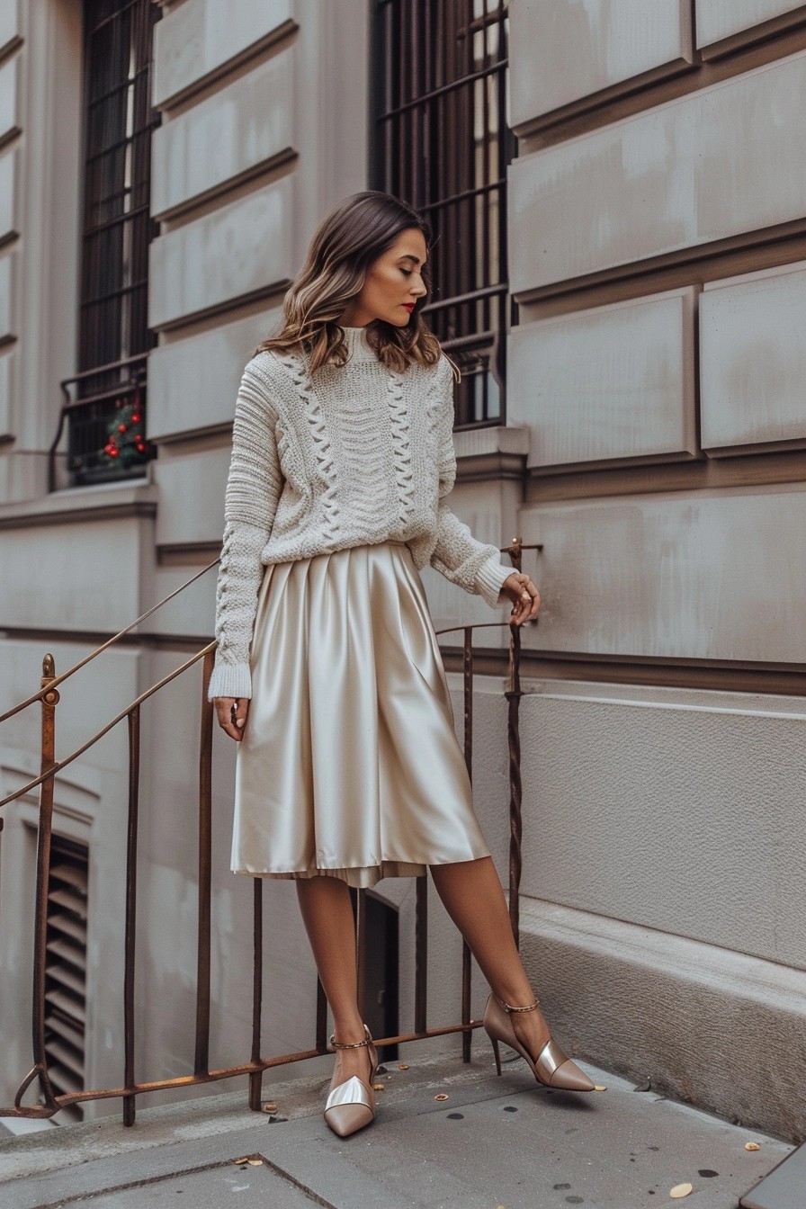 Satin Midi Skirt + Oversized Knit Sweater + Pumps