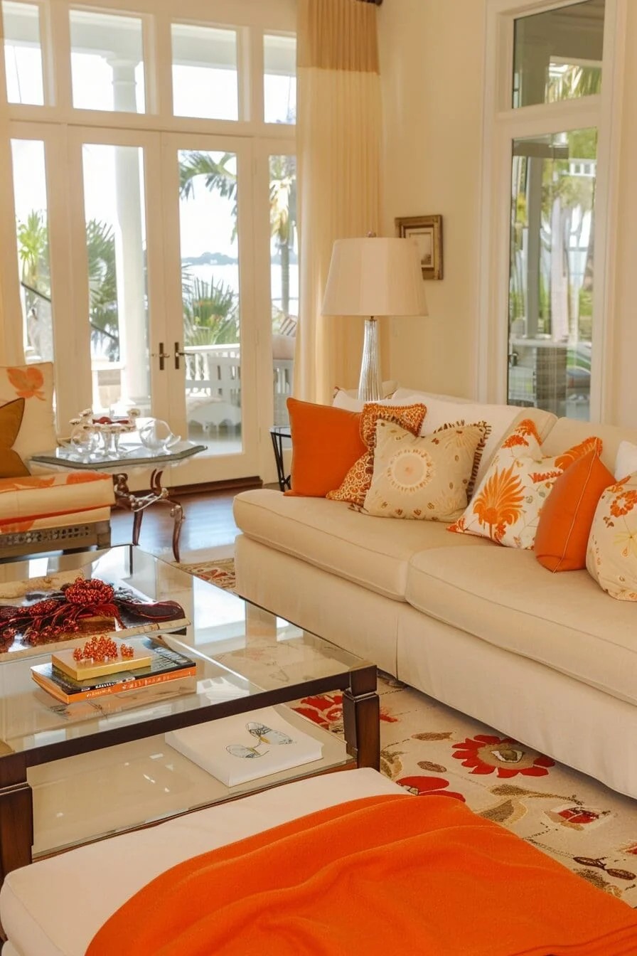 Cream Sofa + Orange Throw