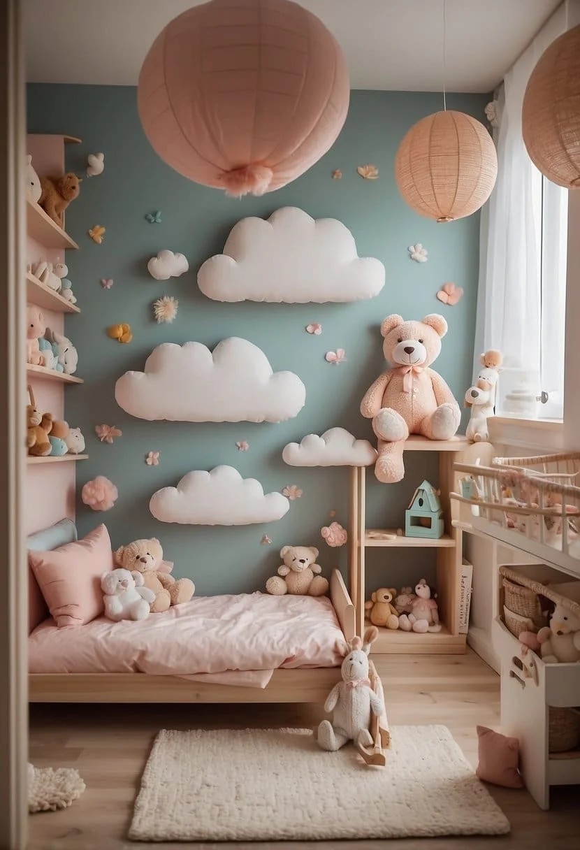 Toddler Girl Bedroom With Cloud-Shaped Shelving