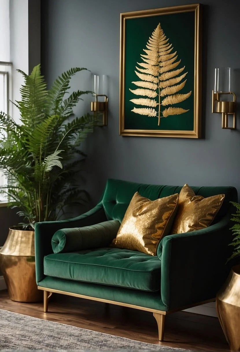 Fern Green Pillows and Gold Accented Furniture