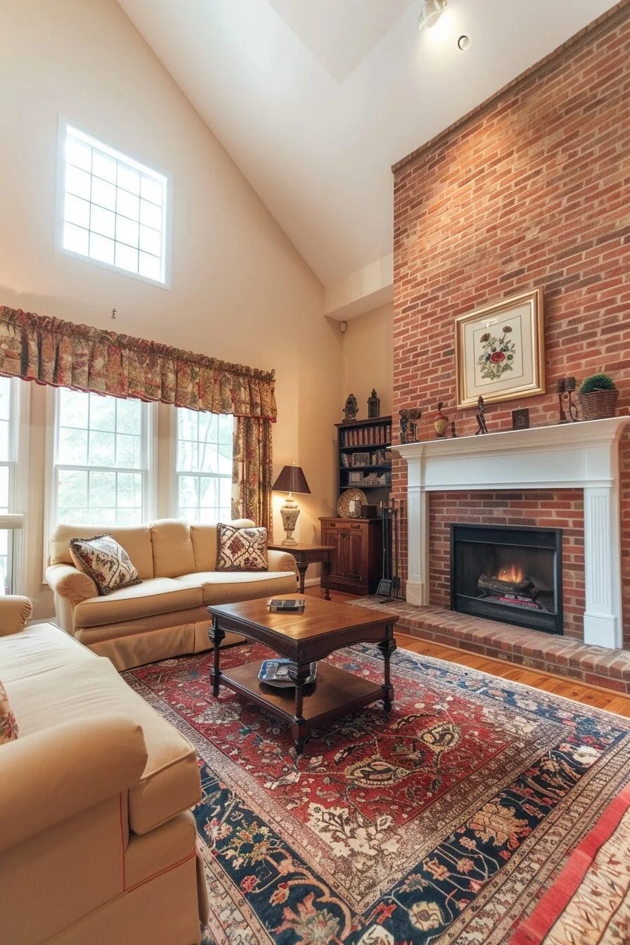 Brick Fireplace with Red Accents