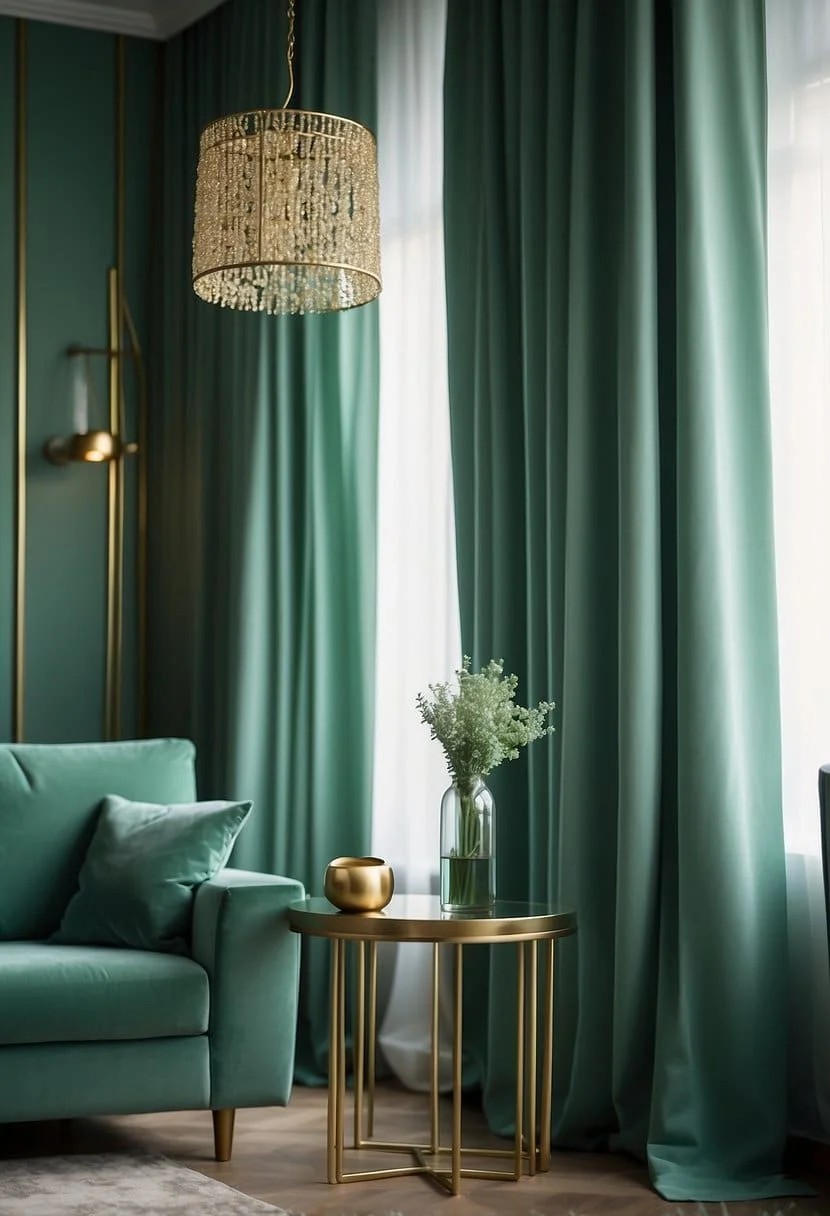 Mint Green Curtains and Gold Lampstands