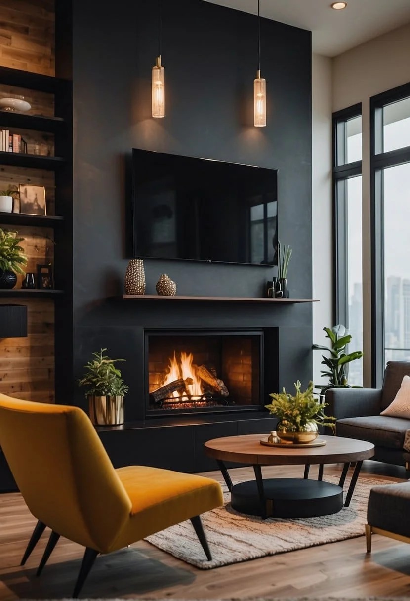 Bold Painted Accent Wall And Fireplace