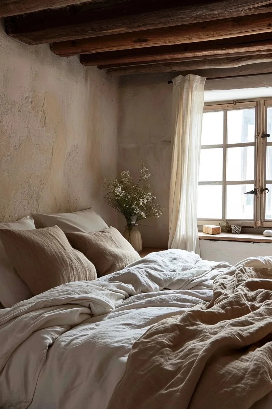 Cozy Brown Bedroom Retreat with Soft Linens and Pillows