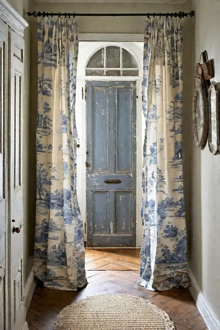 French Country Small Hallway With Toile Curtains And Distressed Wood