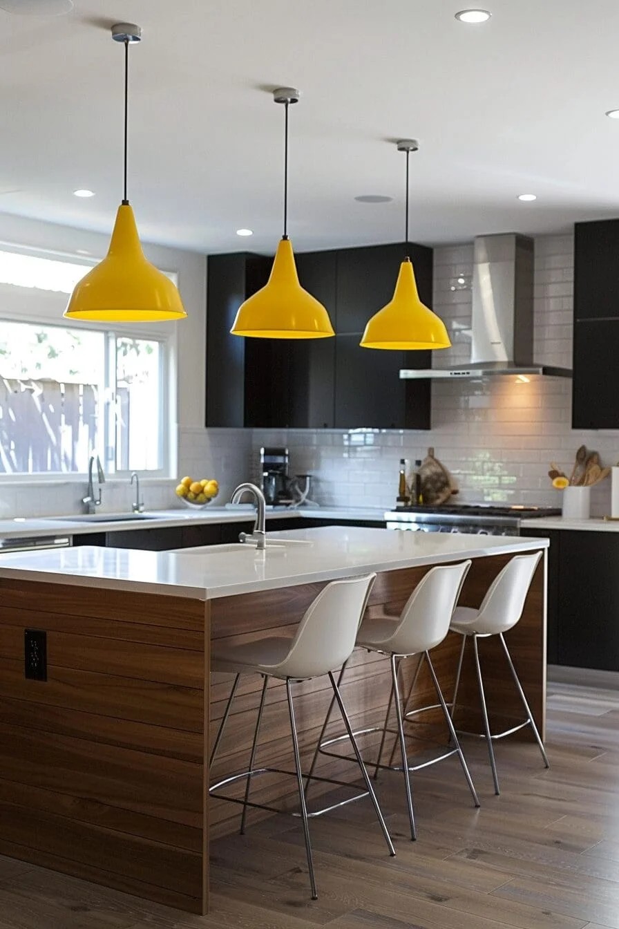 Yellow Pendant Lights over a Kitchen Island