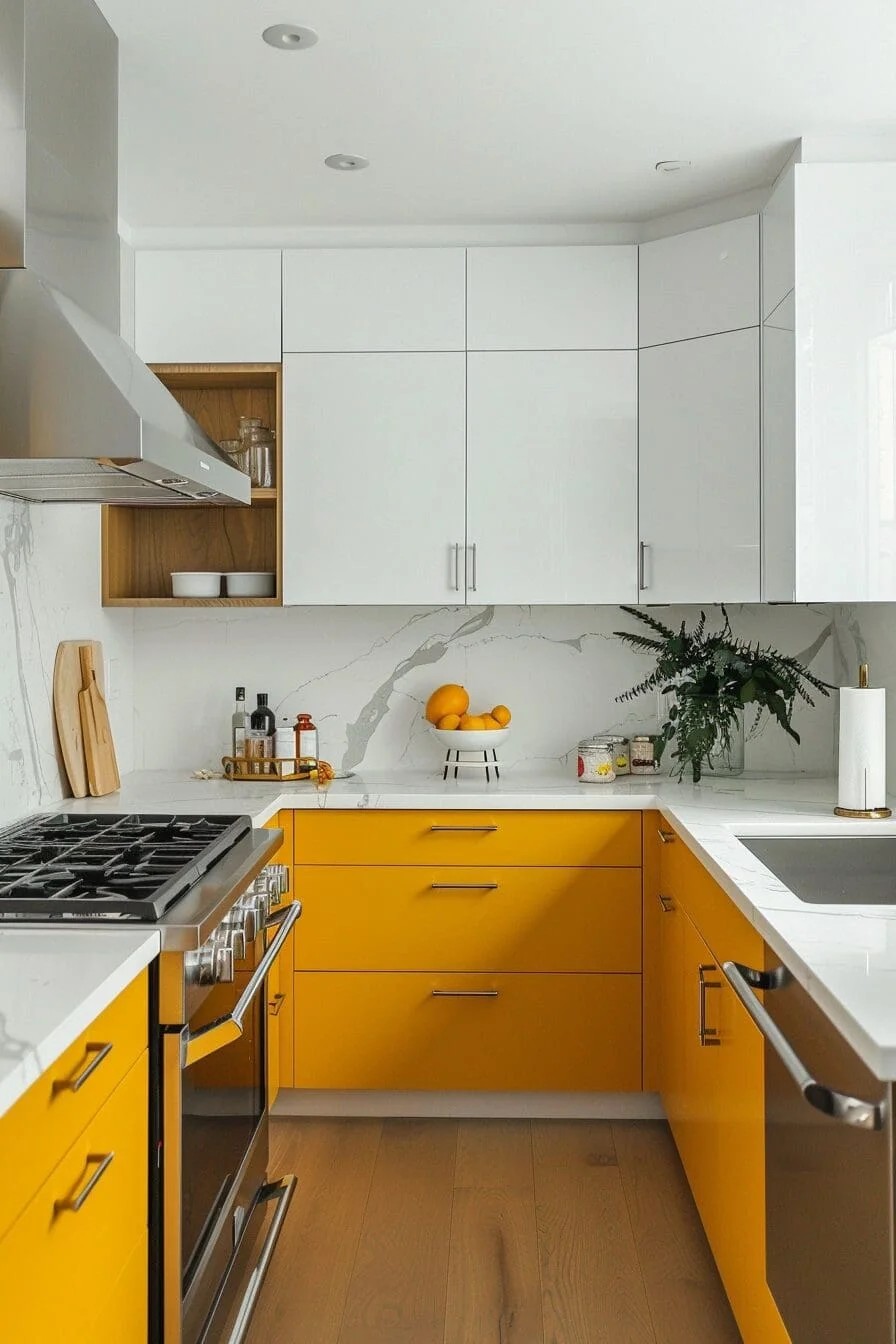 Mustard Yellow Base Cabinets with White Uppers