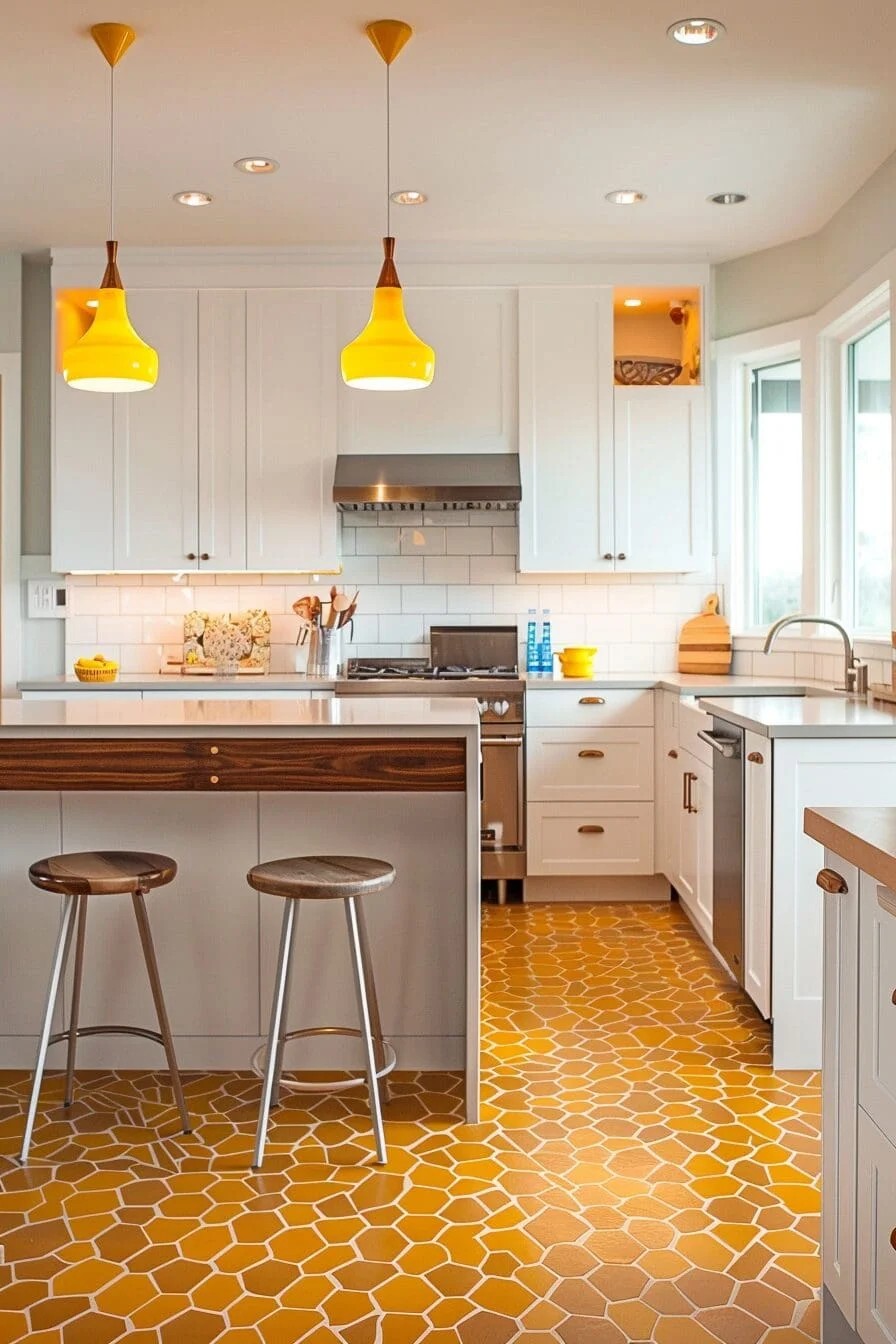 Honeycomb Yellow Tile Kitchen Floor