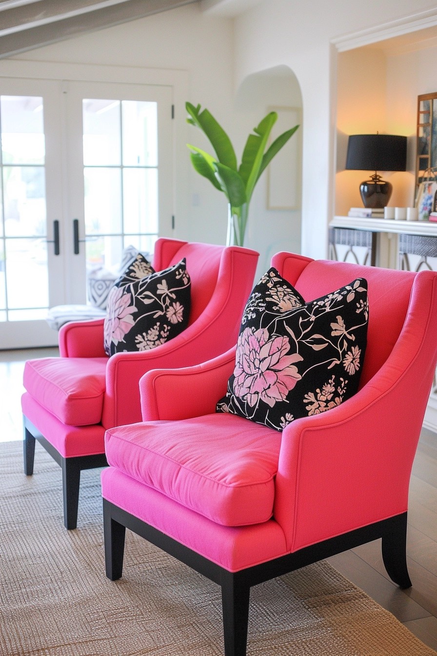 Pink Accent Chairs With Black Throw Pillows