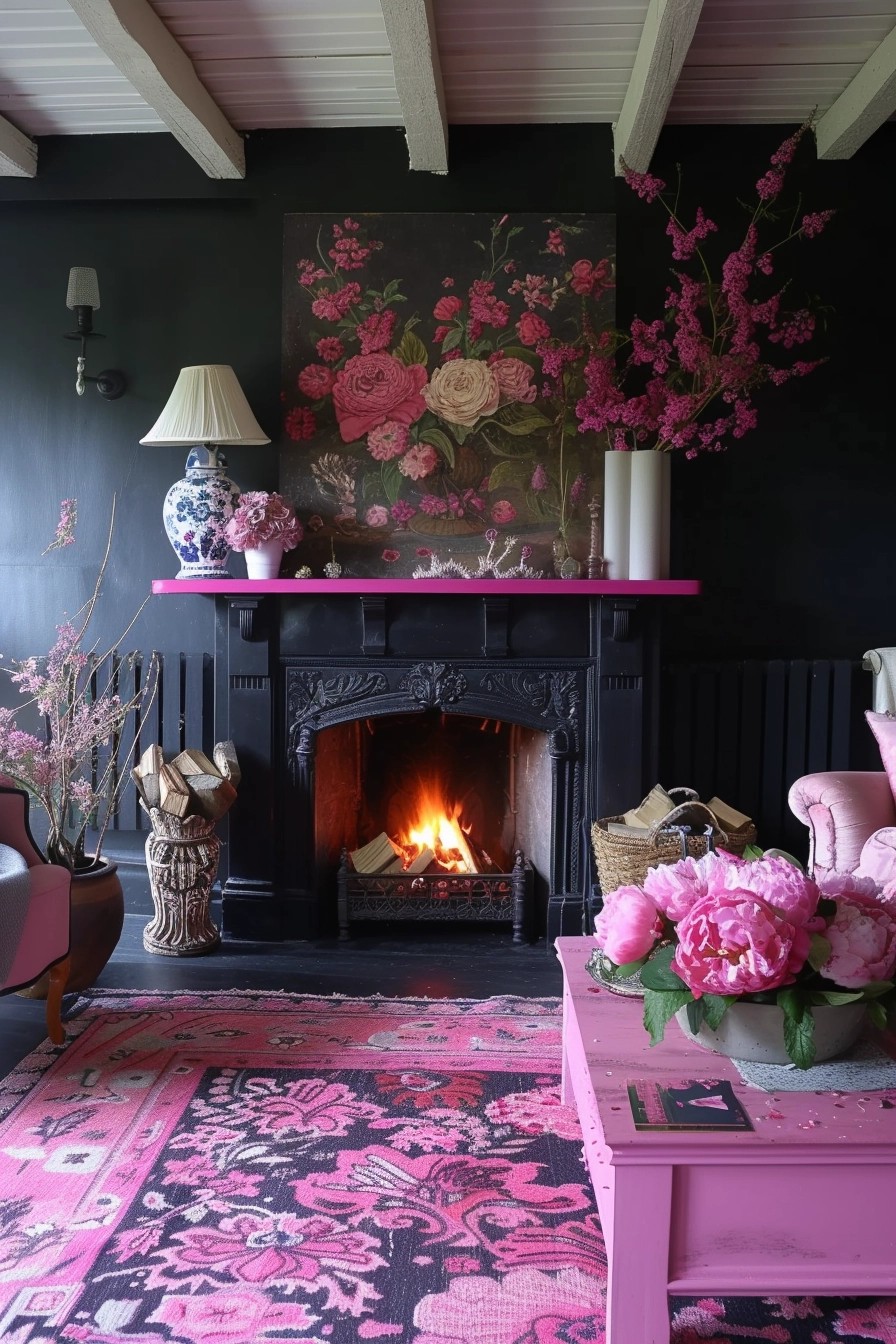 Elegant Black Fireplace With Pink Mantle Decor