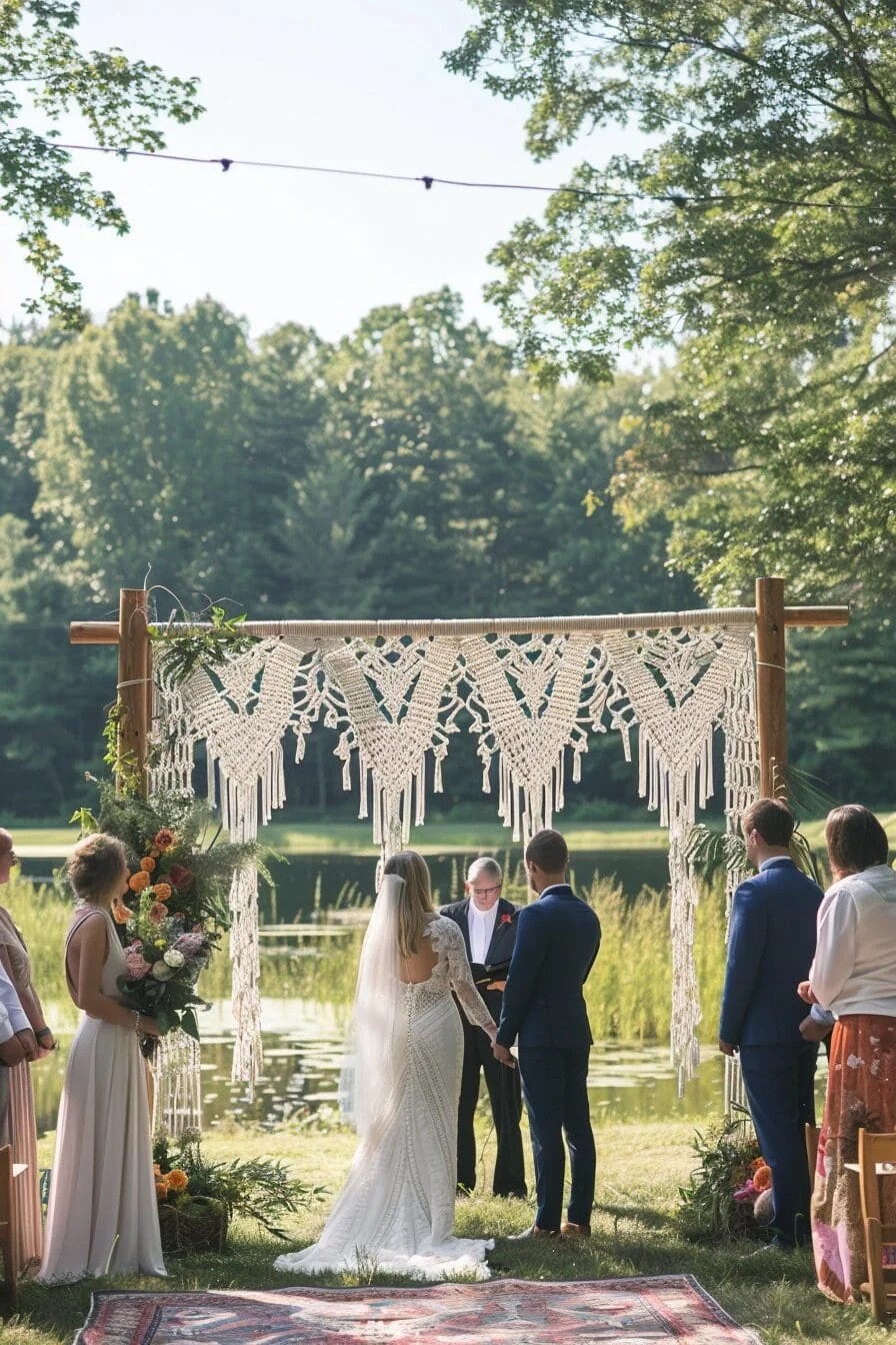 A Summer Wedding with A Boho-Chic Macrame Ceremony Arch