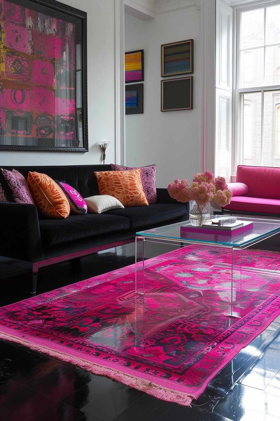 Glossy Black Floor With Pink Area Rug