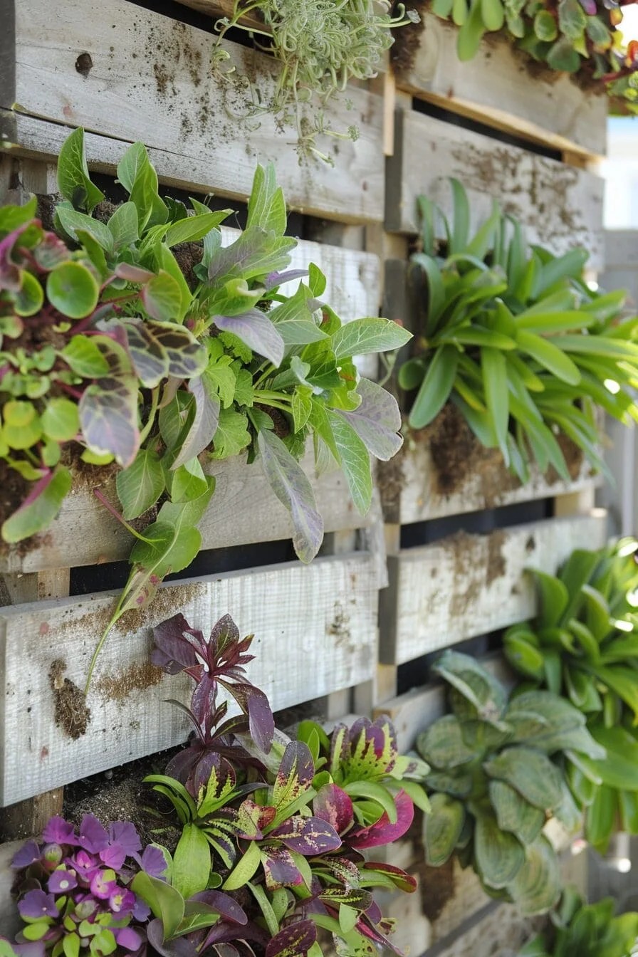 Grow a vertical garden in a wooden pallet by stapling landscape fabric to the back and filling the spaces with soil and plants.