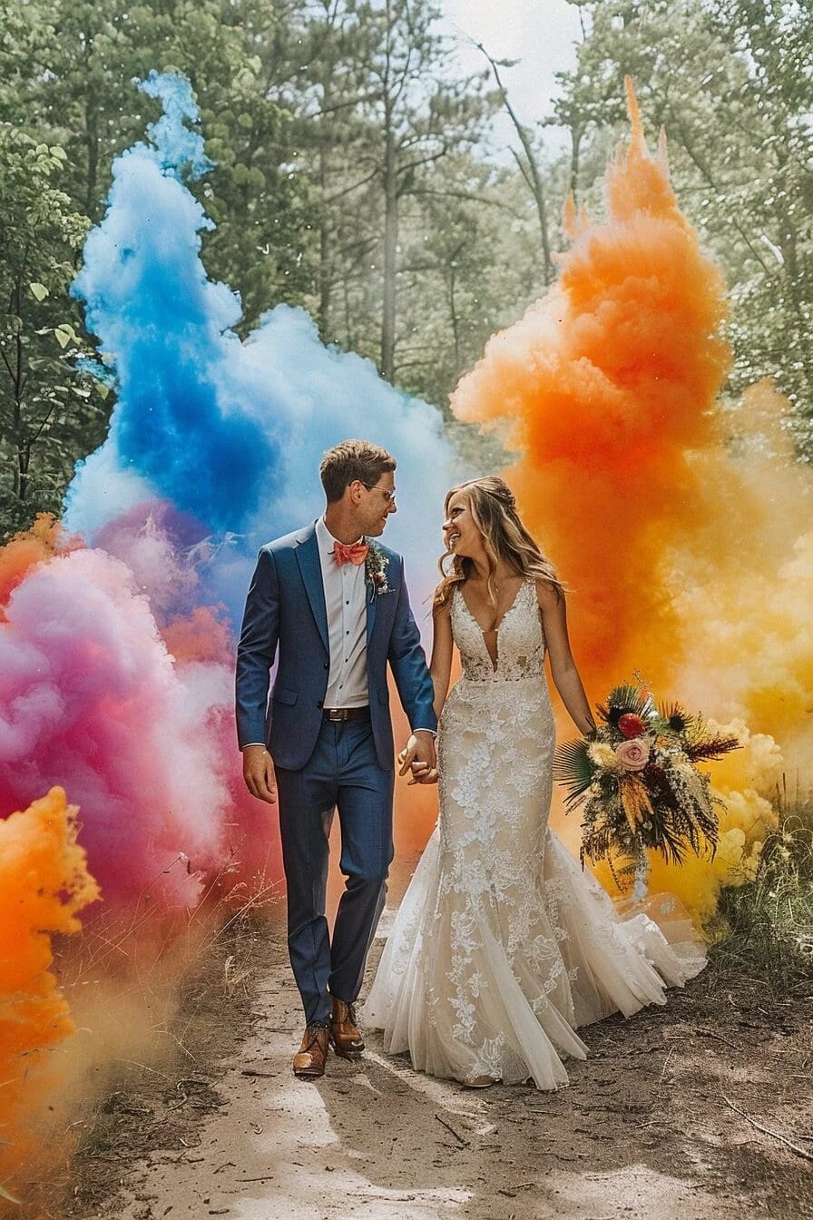 A Summer Wedding with A Colorful Smoke Bomb Send-Off