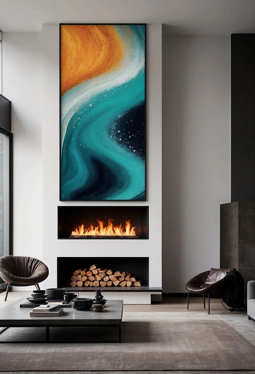 Large-Scale Artwork Above Fireplace On Accent Wall