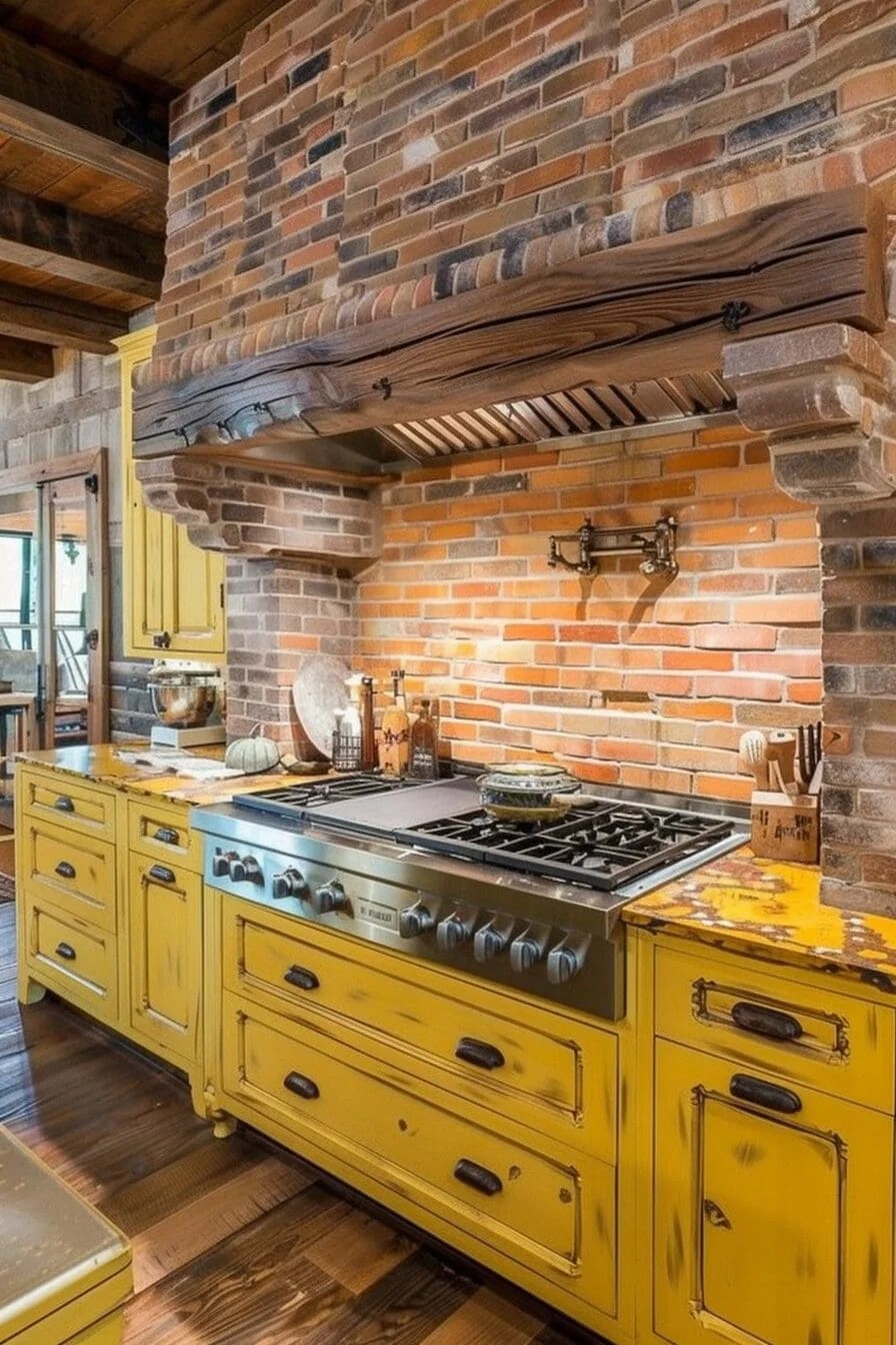 Rustic Yellow with Brick Backsplash