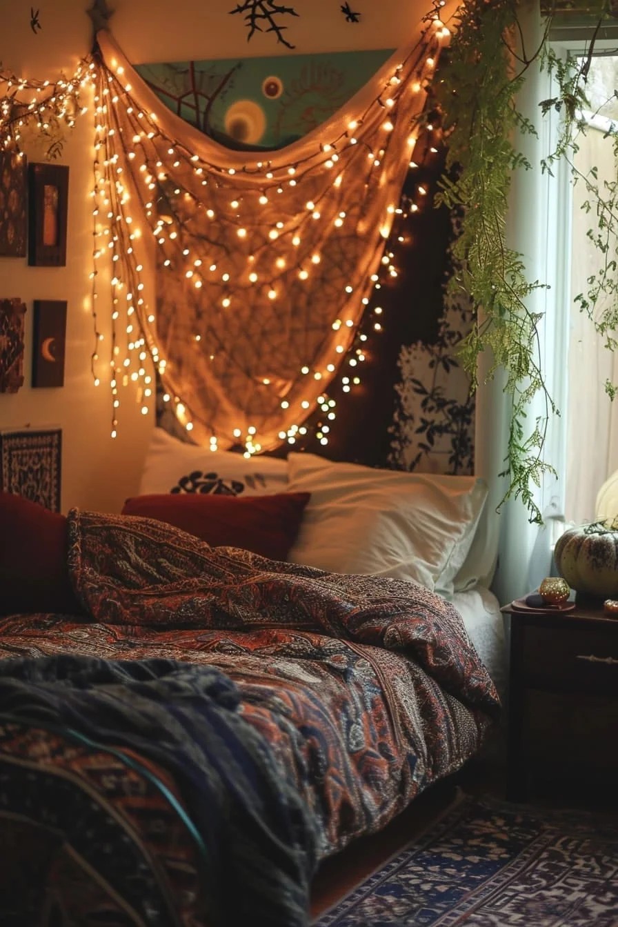 A Halloween Bedroom with String Lights