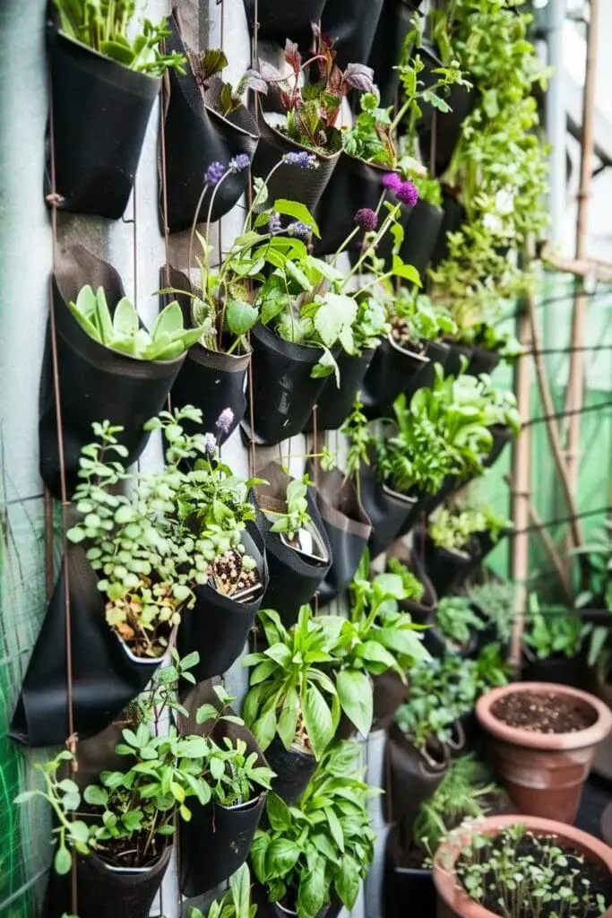 Use a vertical garden system with pockets or tubes to grow a variety of plants, herbs, and flowers in a small space.