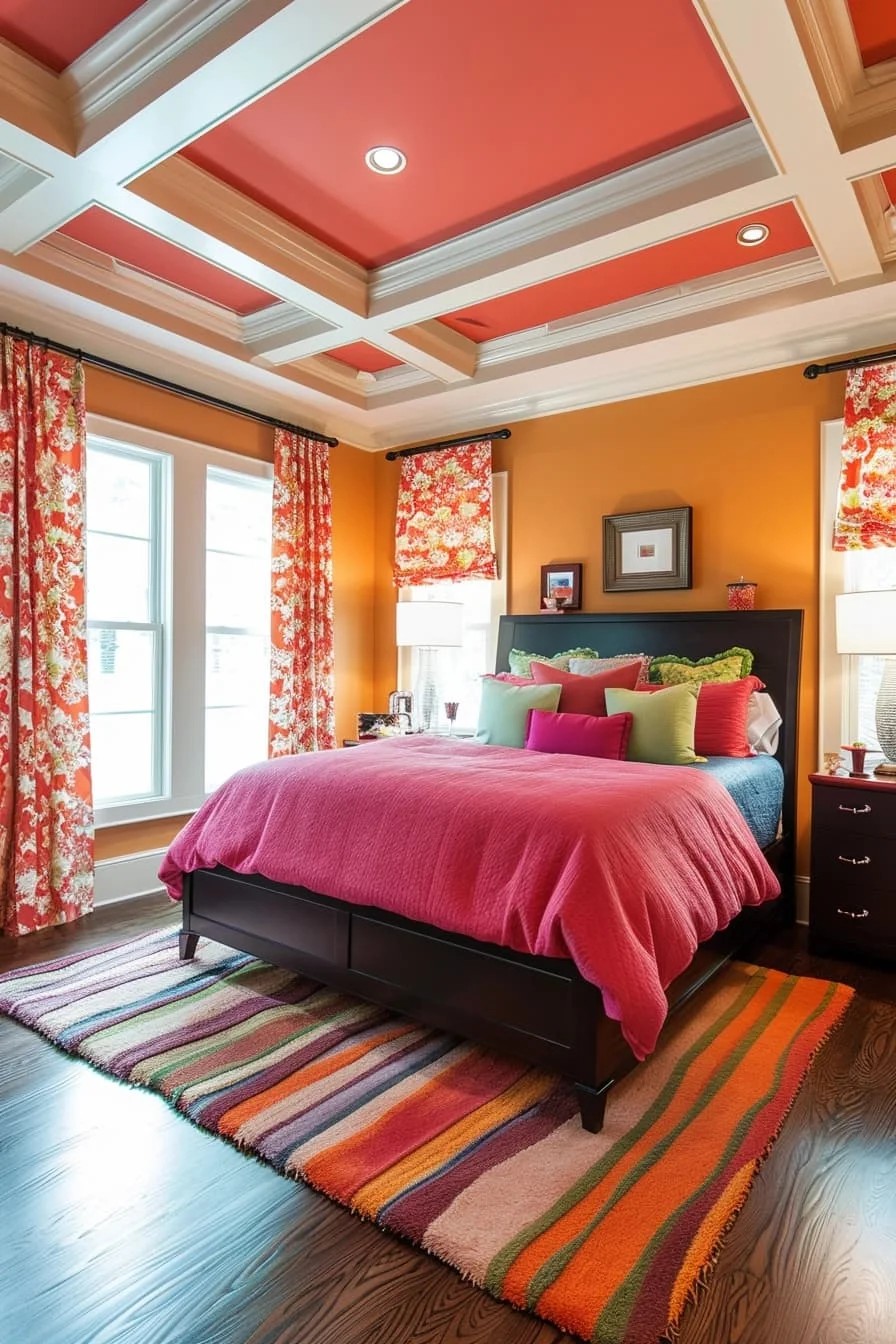 Bold Master Bedroom with Colorful Tray Ceiling Accents