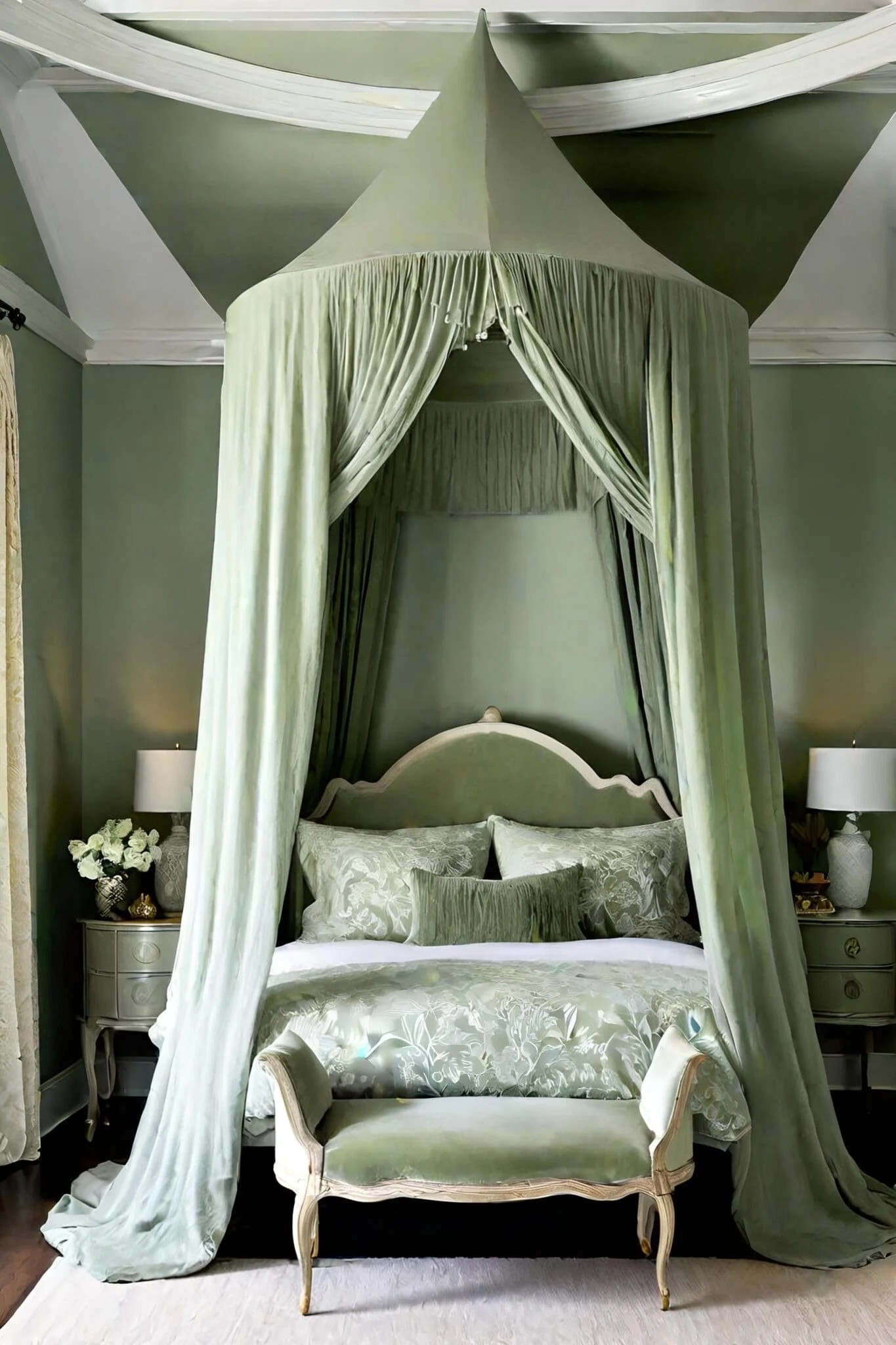 Romantic Sage Green Bedroom With Flowing Canopy