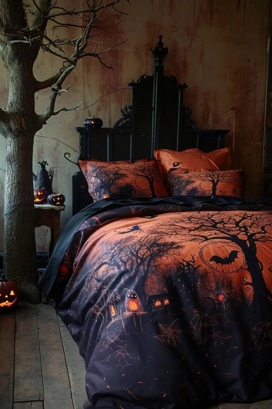 A Halloween Bedroom with Halloween-Inspired Bedding