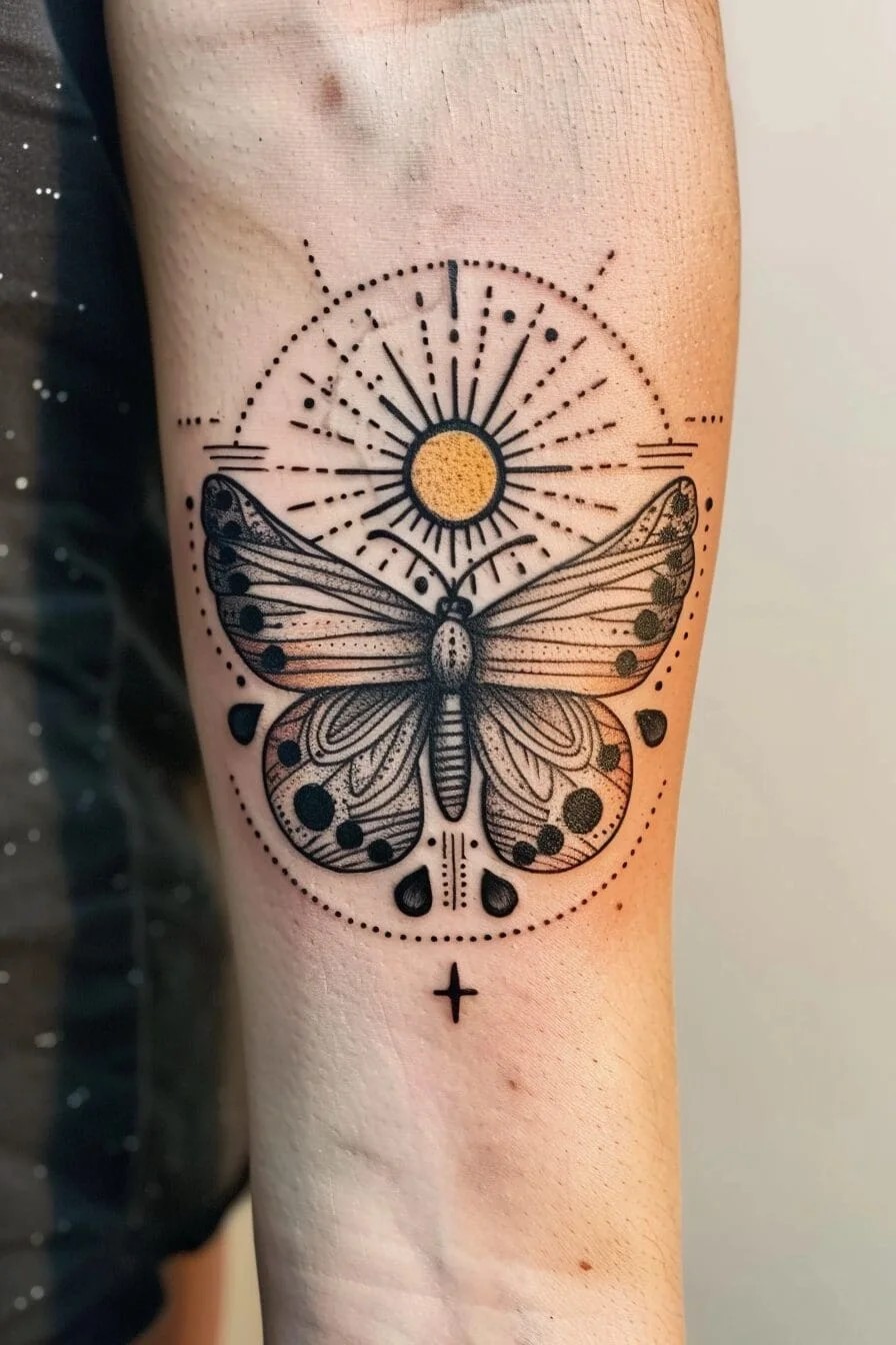 Butterfly with a Sun: Represents warmth, happiness, and the pursuit of one’s dreams