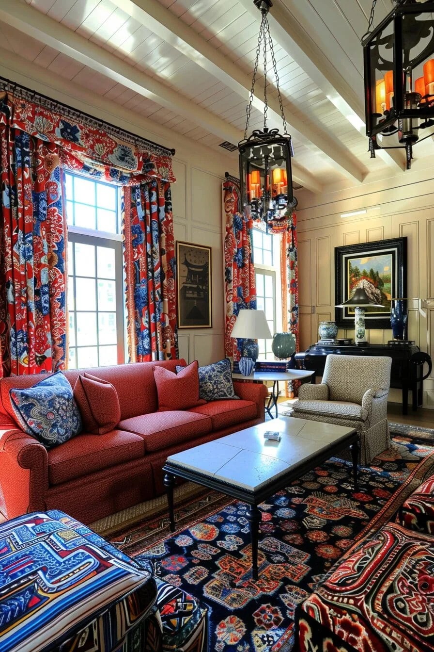 Red and Blue Patterned Curtains