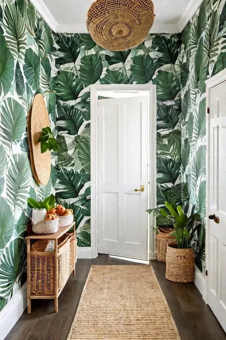 Tropical Small Hallway With Leaf Print Wallpaper And Rattan Baskets