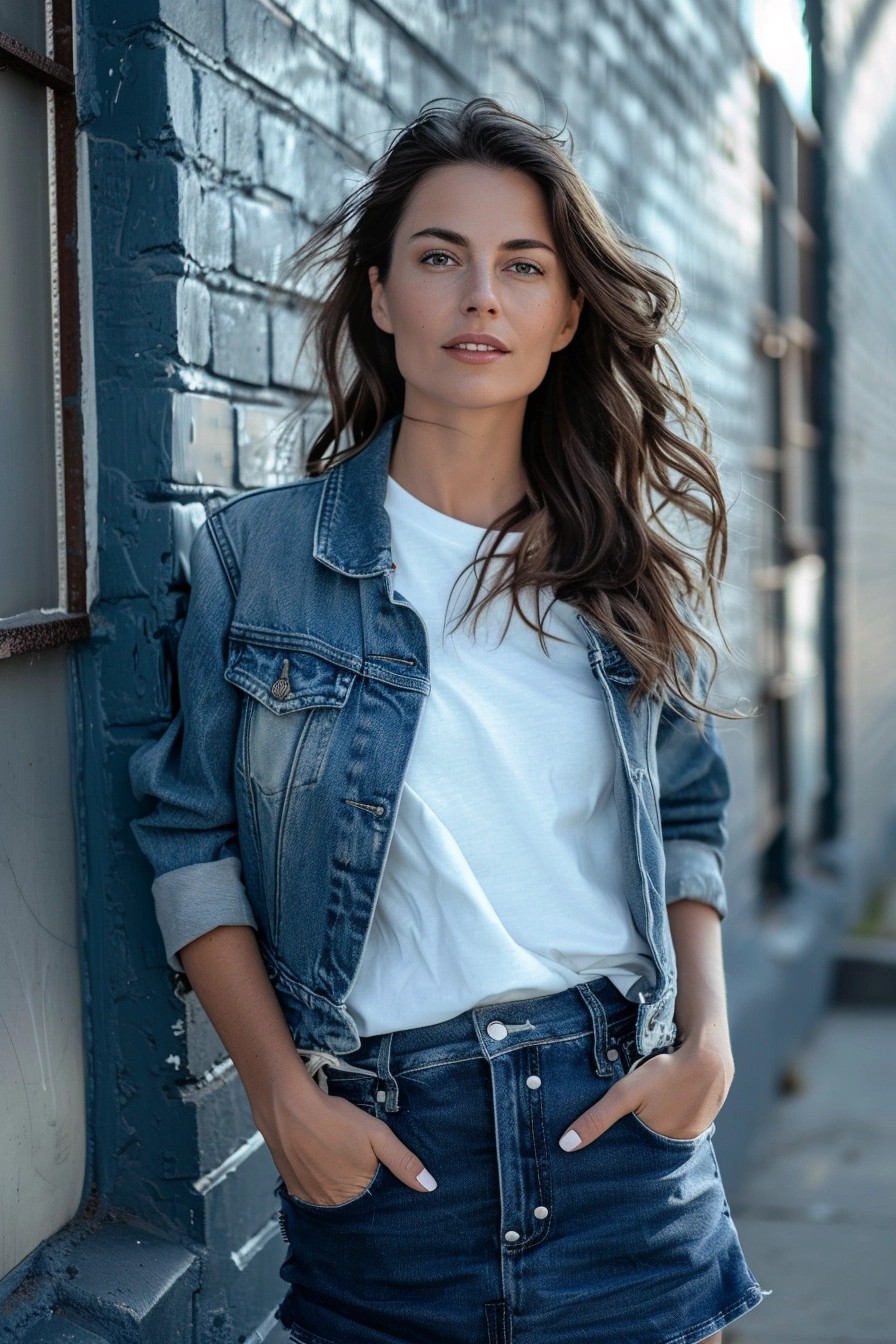 Classic White Tee And Denim Jacket With A Midi Skirt