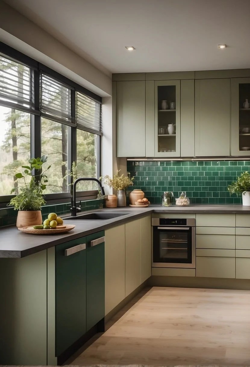 Creamy Beige and Forest Green Kitchen Cabinets