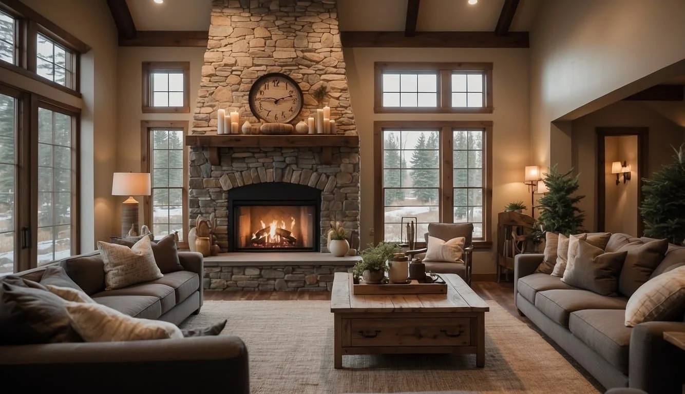 Floor-To-Ceiling Stone Fireplace In Farmhouse Decor