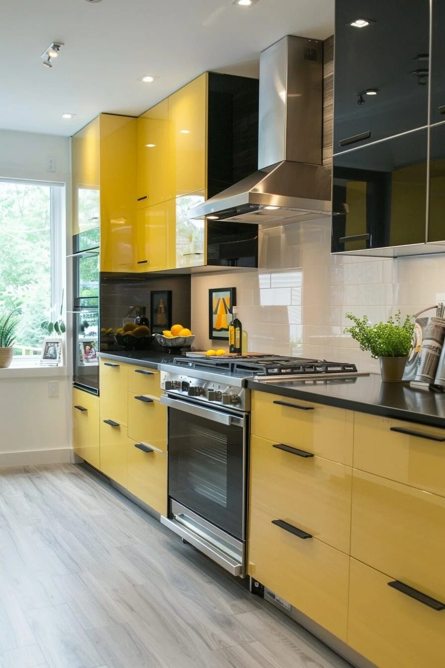 Pale Yellow Cabinets with Black Accents