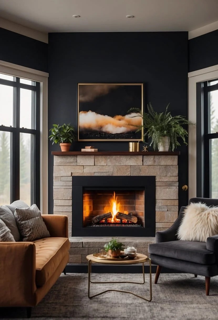 Fireplace Flanked By Windows On Accent Wall