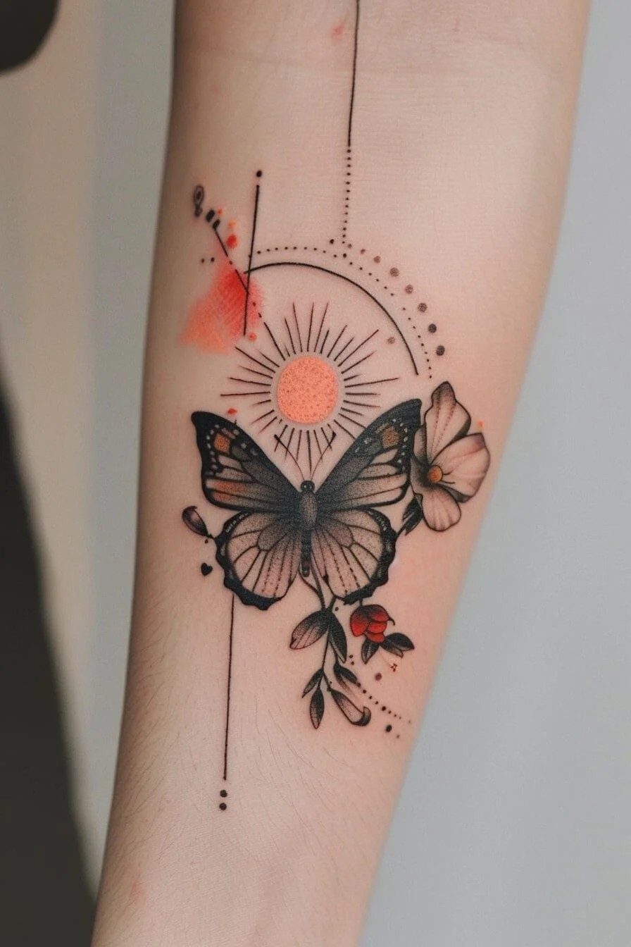 Butterfly with a Sun: Represents warmth, happiness, and the pursuit of one’s dreams